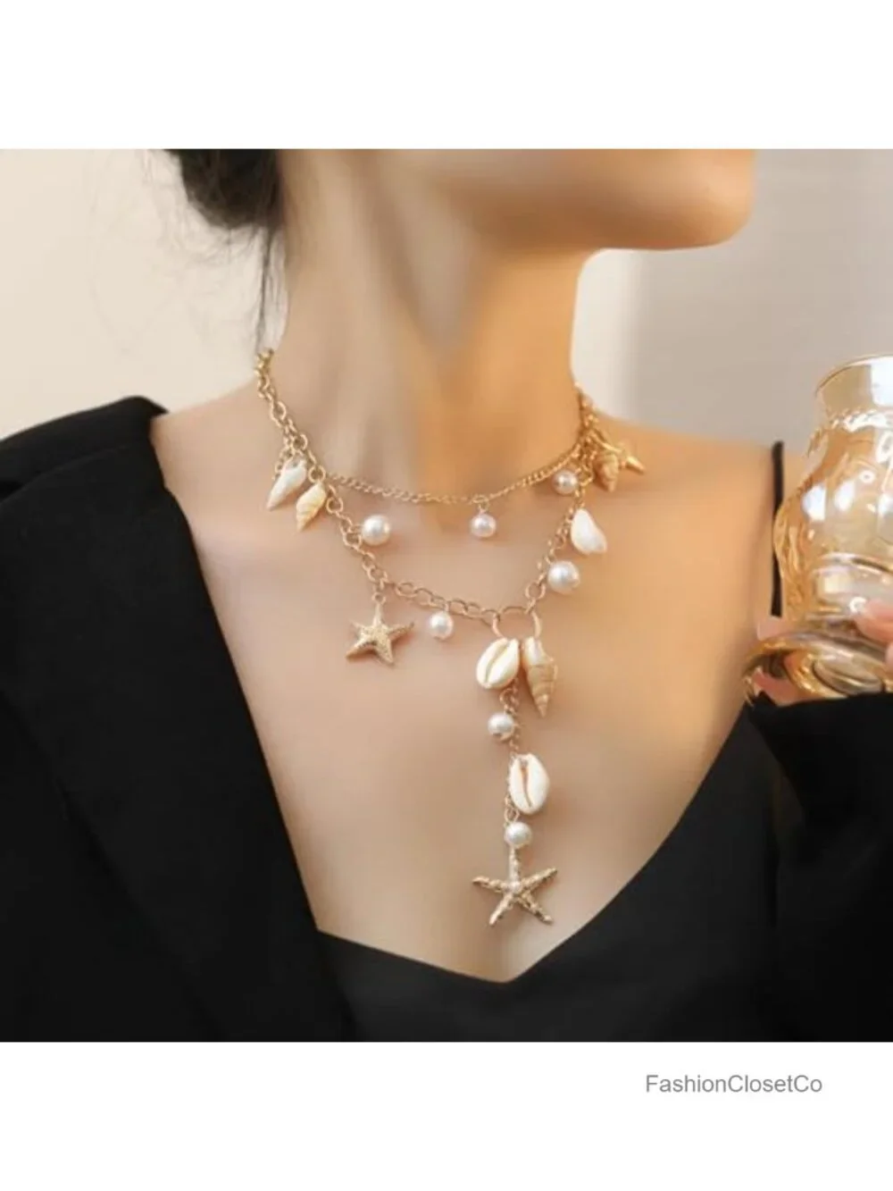 Gold Shell Pendant Necklace Women Boho Conch Pearl Stackable Adjustable Summer